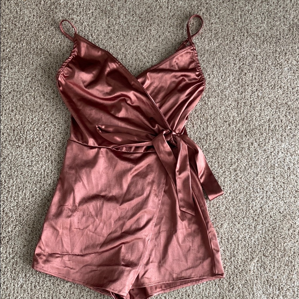 Satin Wrap Romper in Rust